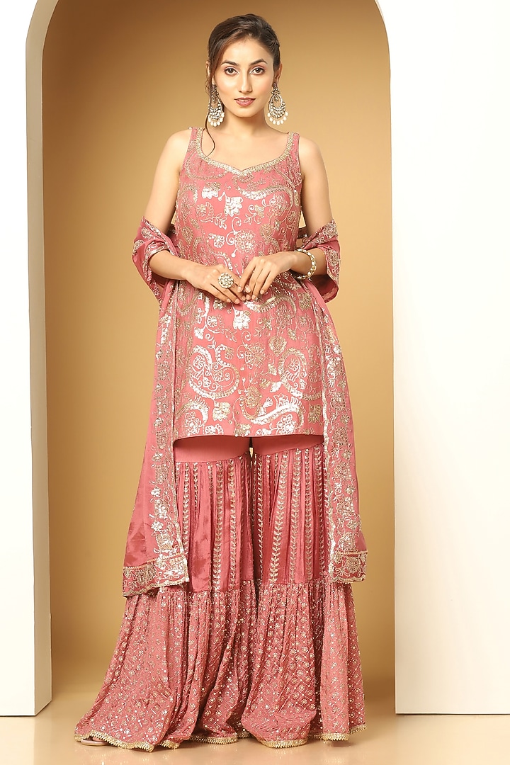 Onion Pink Chinon Chiffon Sequins Work Party Wear Sharara Set by MeenaGurnam at Pernia's Pop Up Shop