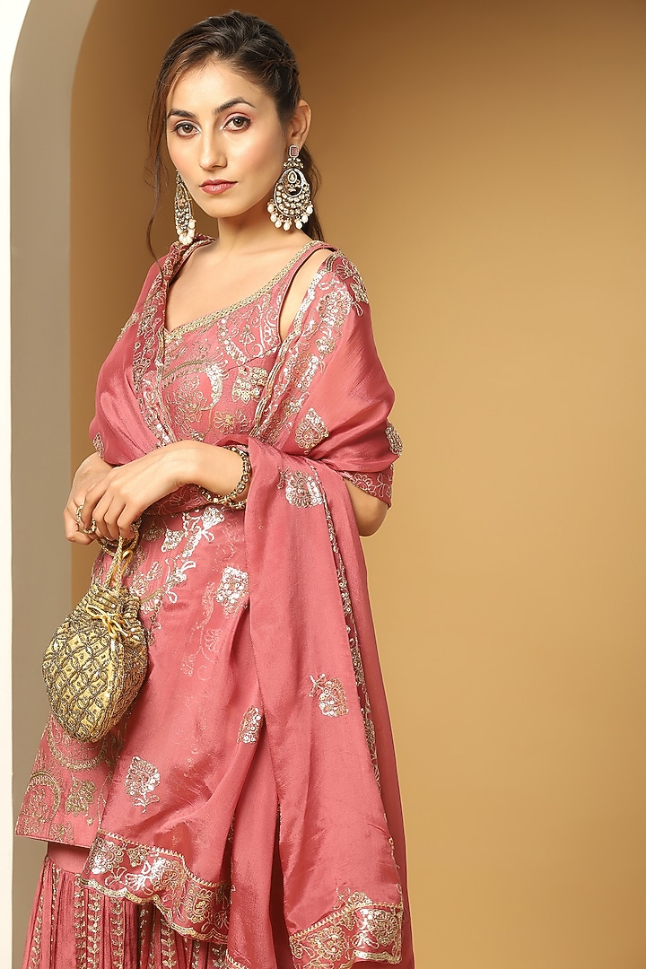 Onion Pink Chinon Chiffon Sequins Work Party Wear Sharara Set by MeenaGurnam at Pernia's Pop Up Shop