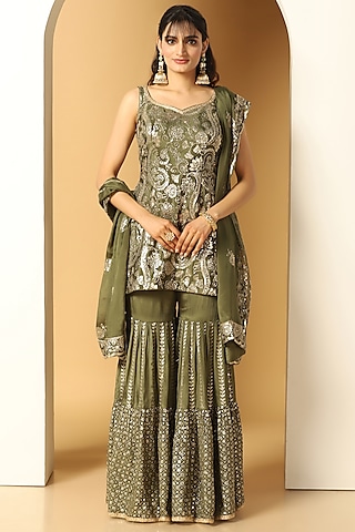 Sab Green Chinon Chiffon Sequins Work Sharara Set by MeenaGurnam