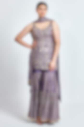 Mauve Chinon Chiffon Sequins Work Party Wear Sharara Set by MeenaGurnam at Pernia's Pop Up Shop