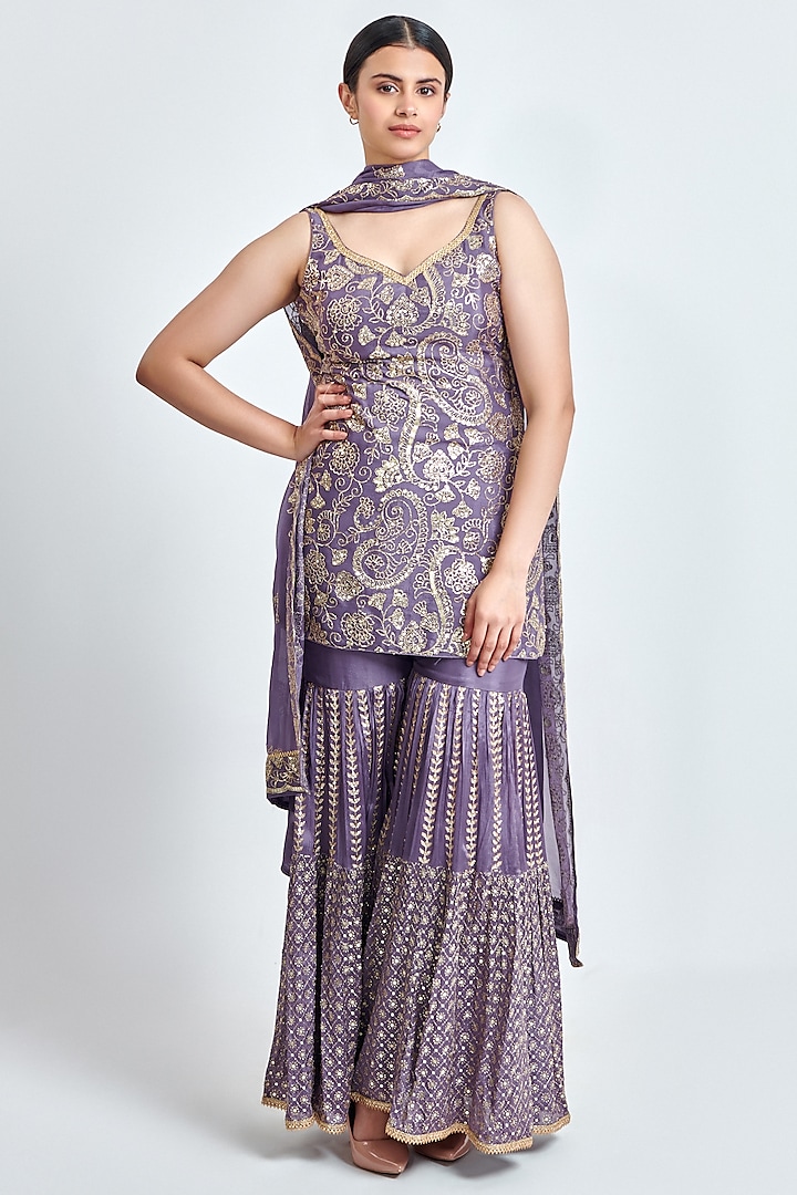 Mauve Chinon Chiffon Sequins Work Party Wear Sharara Set by MeenaGurnam at Pernia's Pop Up Shop