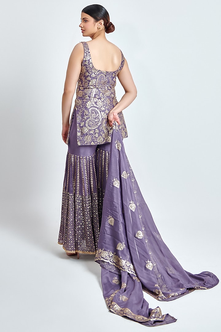 Mauve Chinon Chiffon Sequins Work Party Wear Sharara Set by MeenaGurnam at Pernia's Pop Up Shop