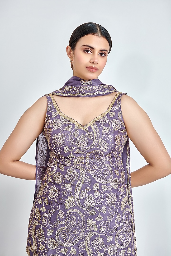 Mauve Chinon Chiffon Sequins Work Party Wear Sharara Set by MeenaGurnam at Pernia's Pop Up Shop