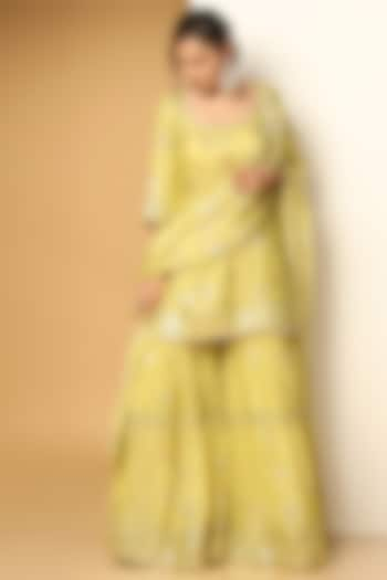 Lime Yellow Chinon Chiffon Sequins Embroidered Sharara Set by MeenaGurnam at Pernia's Pop Up Shop