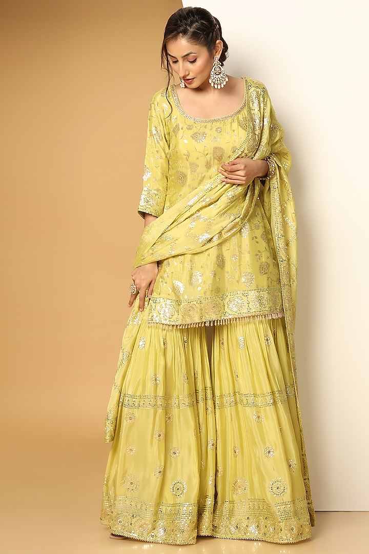 Lime Yellow Chinon Chiffon Sequins Embroidered Sharara Set by MeenaGurnam at Pernia's Pop Up Shop