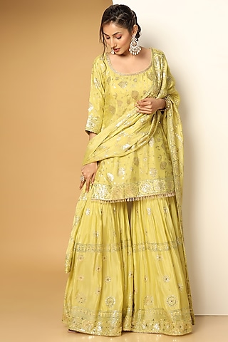 Lime Yellow Chinon Chiffon Sequins Embroidered Sharara Set by MeenaGurnam