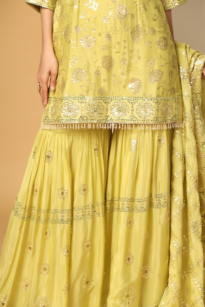Lime Yellow Chinon Chiffon Sequins Embroidered Party Wear Sharara Set by MeenaGurnam at Pernia's Pop Up Shop
