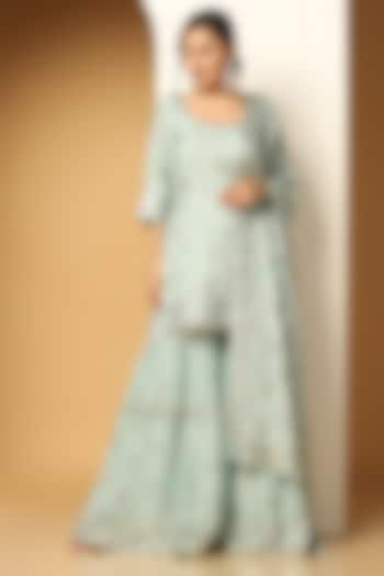 Sky Blue Chinon Chiffon Sequins Embroidered Sharara Set by MeenaGurnam at Pernia's Pop Up Shop