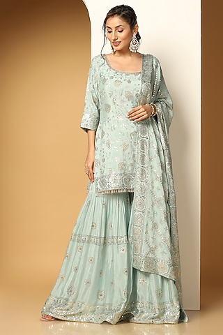 Sky Blue Chinon Chiffon Sequins Embroidered Sharara Set by MeenaGurnam