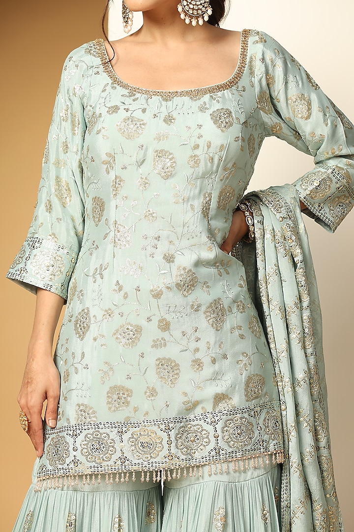 Sky Blue Chinon Chiffon Sequins Embroidered Party Wear Sharara Set by MeenaGurnam at Pernia's Pop Up Shop