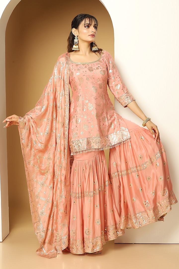 Peach Chinon Chiffon Sequins Embroidered Sharara Set by MeenaGurnam at Pernia's Pop Up Shop