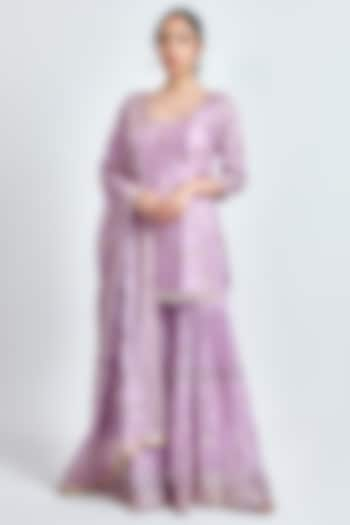 Purple Chinon Chiffon Sequins Embroidered Sharara Set by MeenaGurnam at Pernia's Pop Up Shop