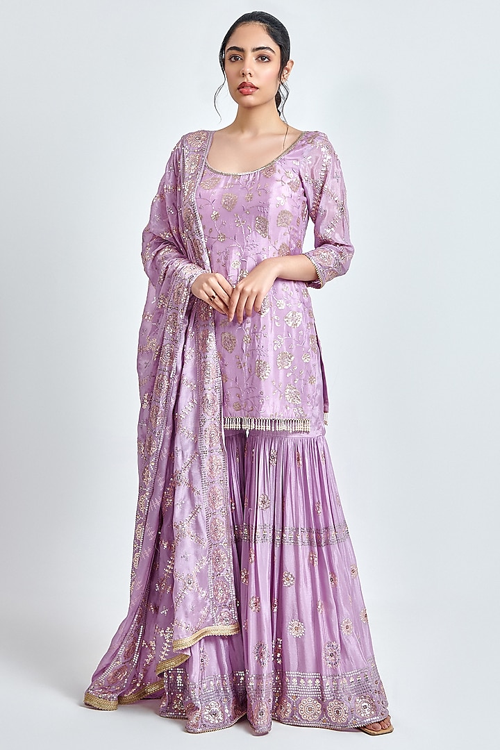 Purple Chinon Chiffon Sequins Embroidered Sharara Set by MeenaGurnam at Pernia's Pop Up Shop