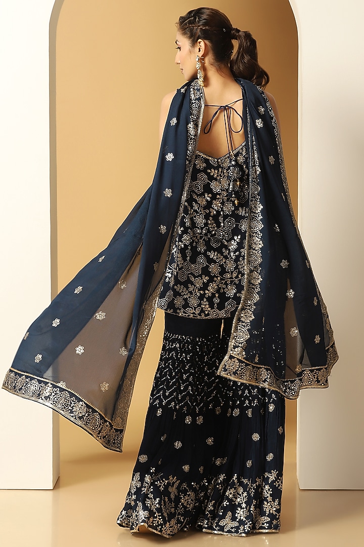 Midnight Blue Chinon Chiffon Sequins Embroidered Party Wear Sharara Set by MeenaGurnam at Pernia's Pop Up Shop