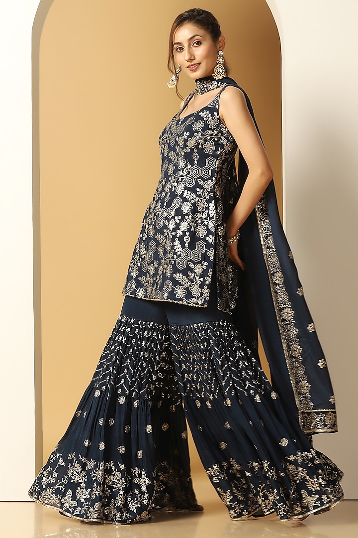 Midnight Blue Chinon Chiffon Sequins Embroidered Party Wear Sharara Set by MeenaGurnam at Pernia's Pop Up Shop