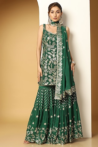 Midnight Green Chinon Chiffon Sequins Embroidered Sharara Set by MeenaGurnam
