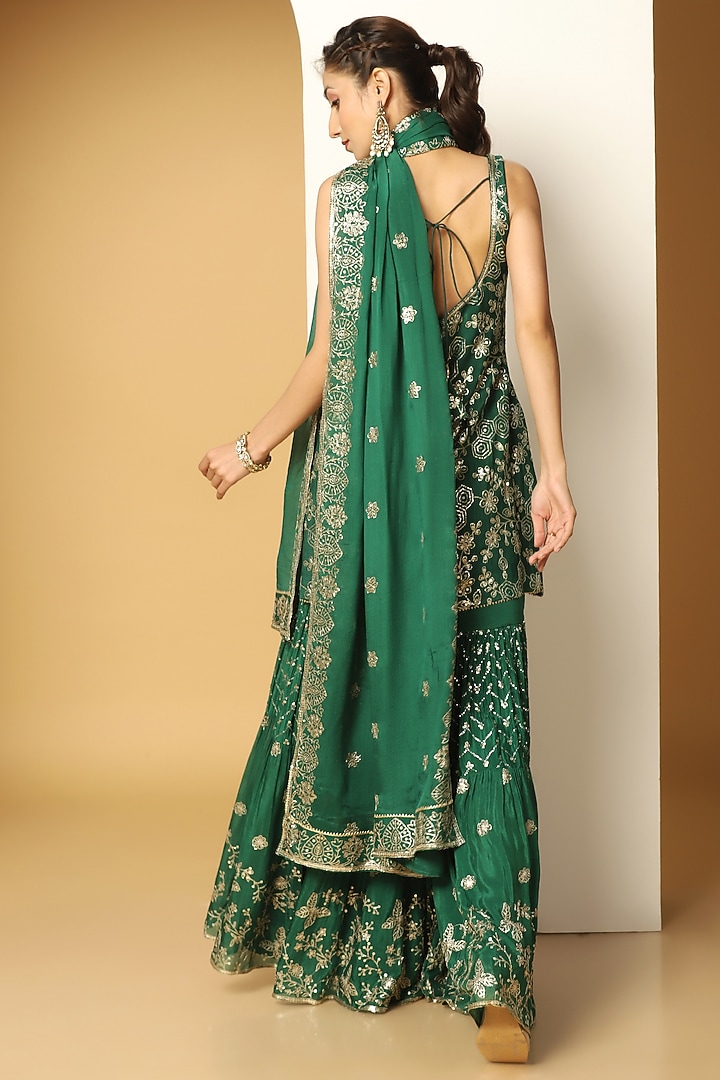 Midnight Green Chinon Chiffon Sequins Embroidered Party Wear Sharara Set by MeenaGurnam at Pernia's Pop Up Shop
