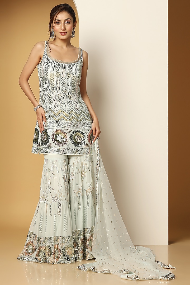 Sea Blue Georgette Sequins Embroidered Party Wear Sharara Set by MeenaGurnam at Pernia's Pop Up Shop