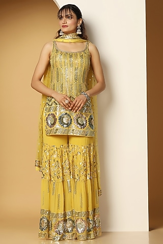 Yellow Georgette Sequins Embroidered Sharara Set by MeenaGurnam