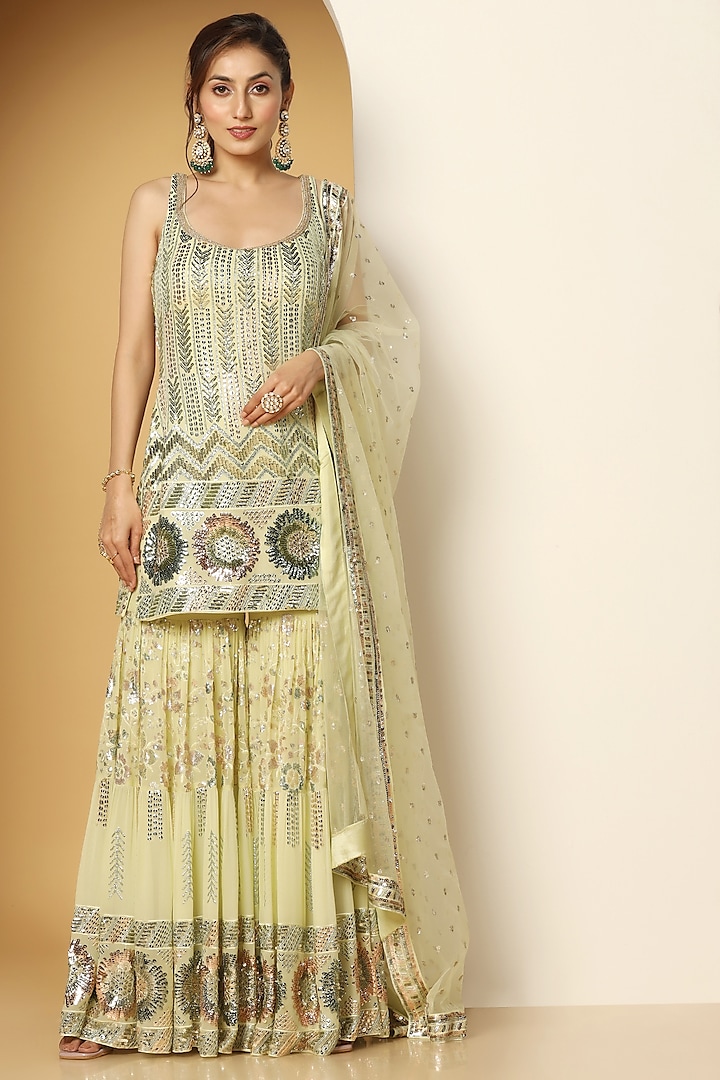 Light Green Georgette Sequins Embroidered Party Wear Sharara Set by MeenaGurnam at Pernia's Pop Up Shop