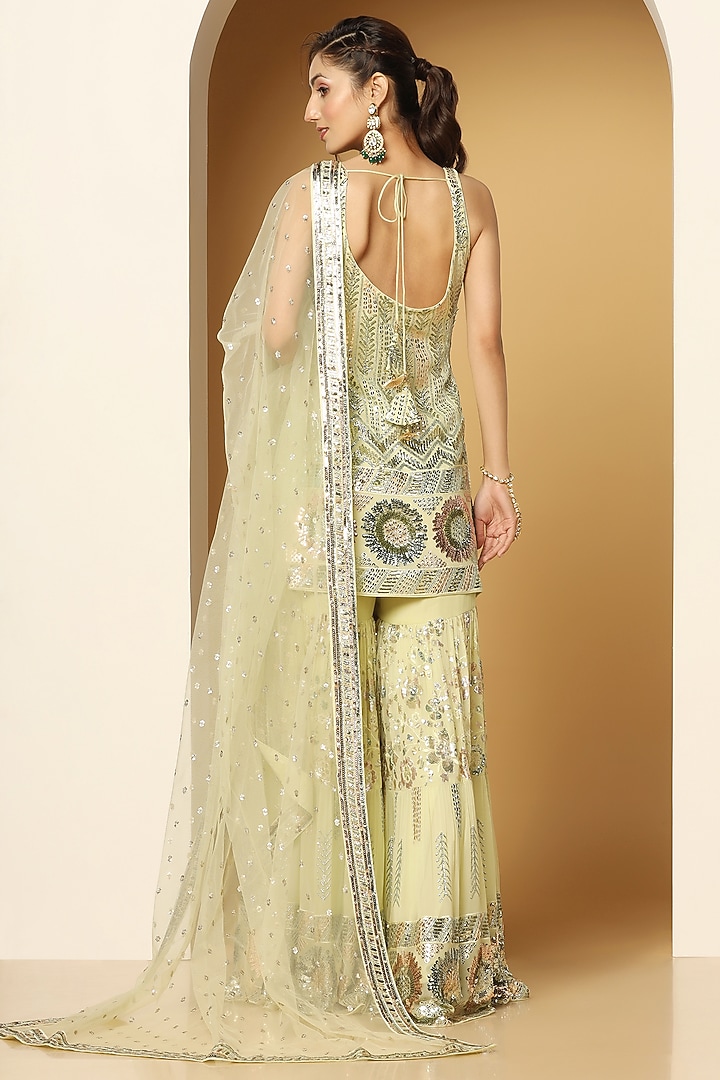 Light Green Georgette Sequins Embroidered Party Wear Sharara Set by MeenaGurnam at Pernia's Pop Up Shop