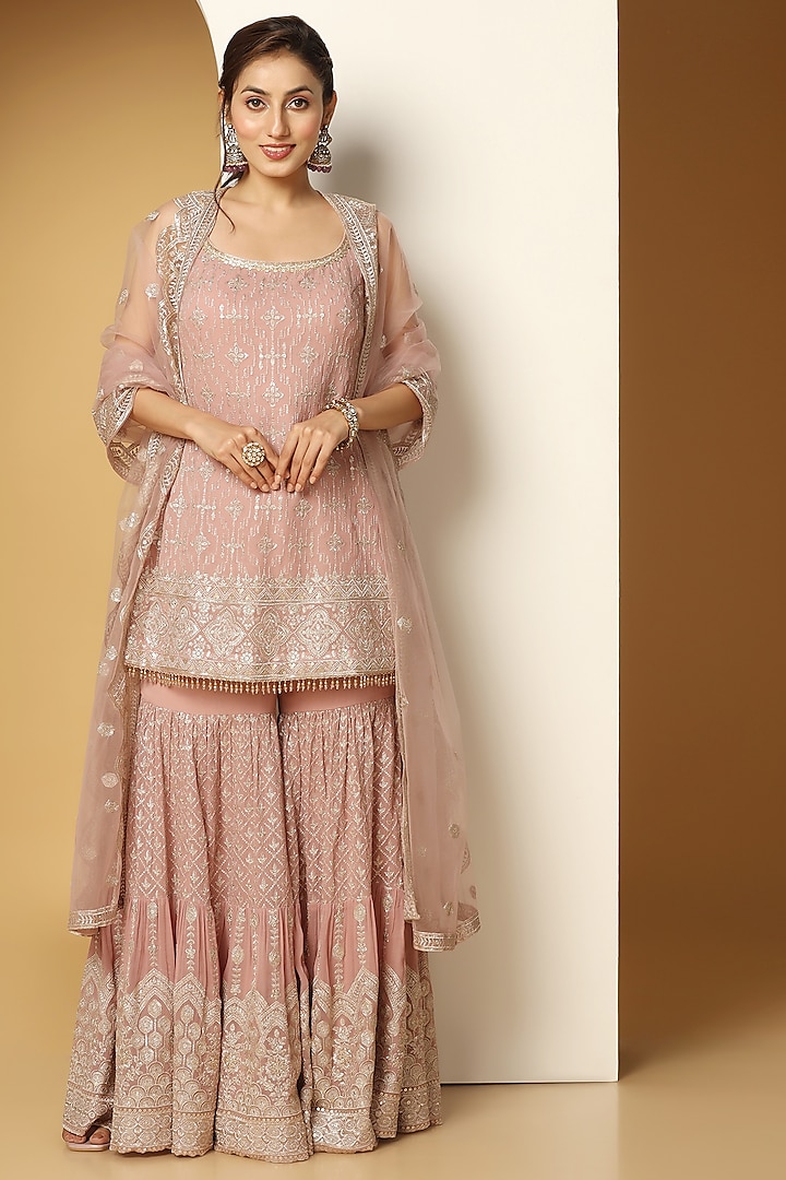 Onion Pink Georgette Zari Embroidered Sharara Set by MeenaGurnam at Pernia's Pop Up Shop