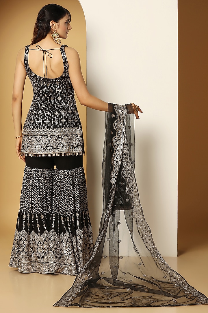 Black Georgette Zari Embroidered Party Wear Sharara Set by MeenaGurnam at Pernia's Pop Up Shop