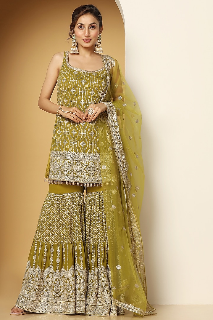 Green Georgette Zari Embroidered Sharara Set by MeenaGurnam at Pernia's Pop Up Shop