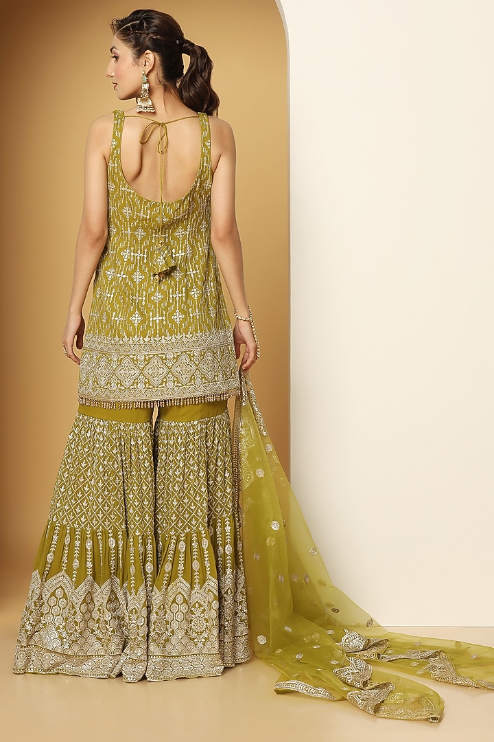 Green Georgette Zari Embroidered Party Wear Sharara Set by MeenaGurnam at Pernia's Pop Up Shop