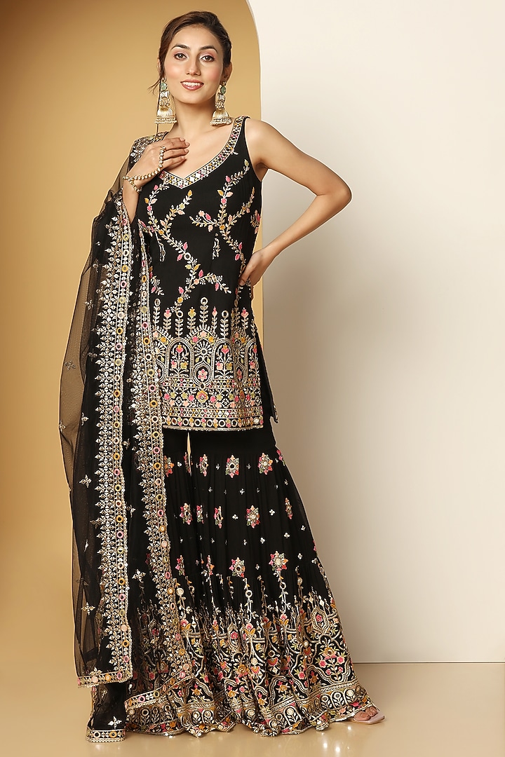 Black Georgette Resham Embroidered Party Wear Sharara Set by MeenaGurnam at Pernia's Pop Up Shop