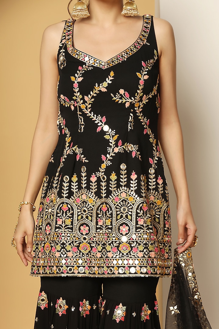 Black Georgette Resham Embroidered Party Wear Sharara Set by MeenaGurnam at Pernia's Pop Up Shop