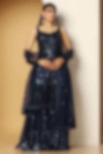 Blue Georgette Sequins Party Wear Sharara Set by MeenaGurnam at Pernia's Pop Up Shop