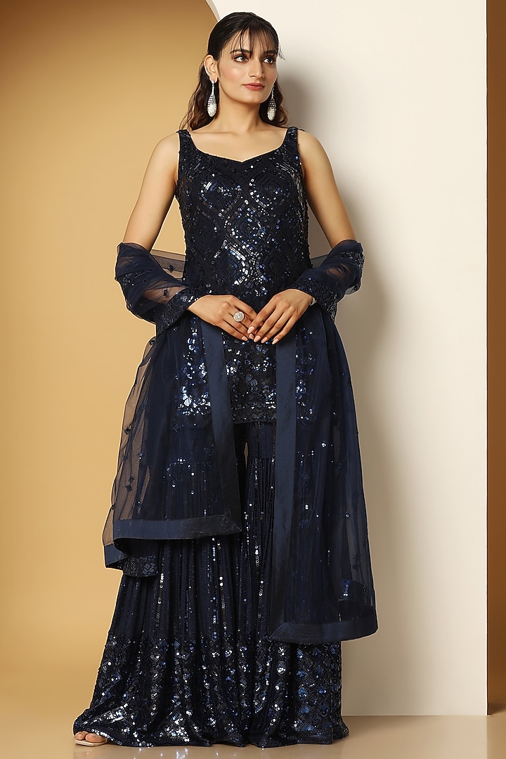 Blue Georgette Sequins Party Wear Sharara Set by MeenaGurnam at Pernia's Pop Up Shop