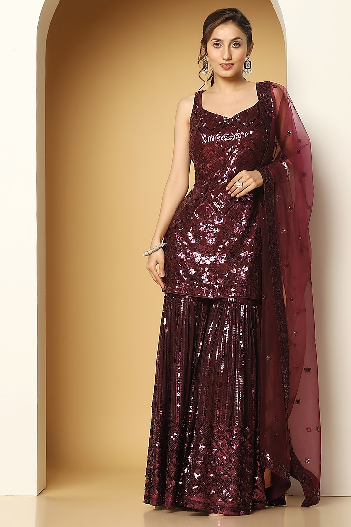 Purple Georgette Sequins Party Wear Sharara Set by MeenaGurnam at Pernia's Pop Up Shop