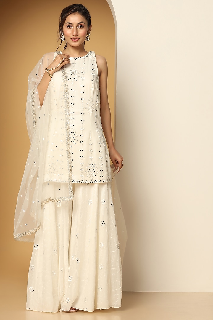 White Georgette Sequins Embroidered Sharara Set by MeenaGurnam