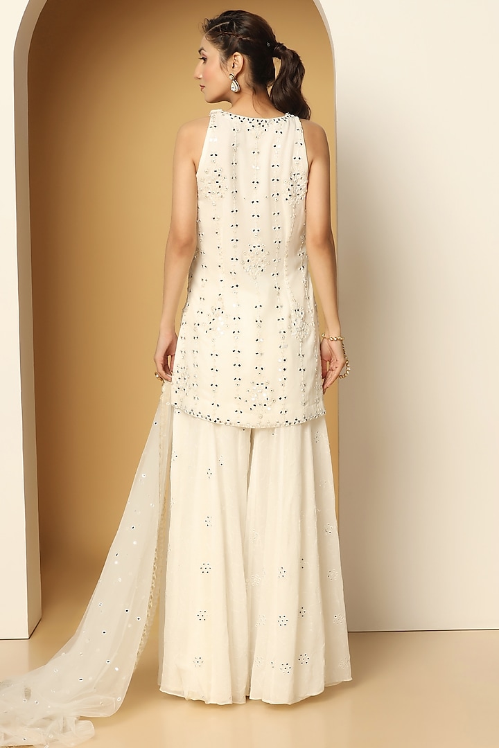 White Georgette Sequins Embroidered Wedding Sharara Set by MeenaGurnam at Pernia's Pop Up Shop