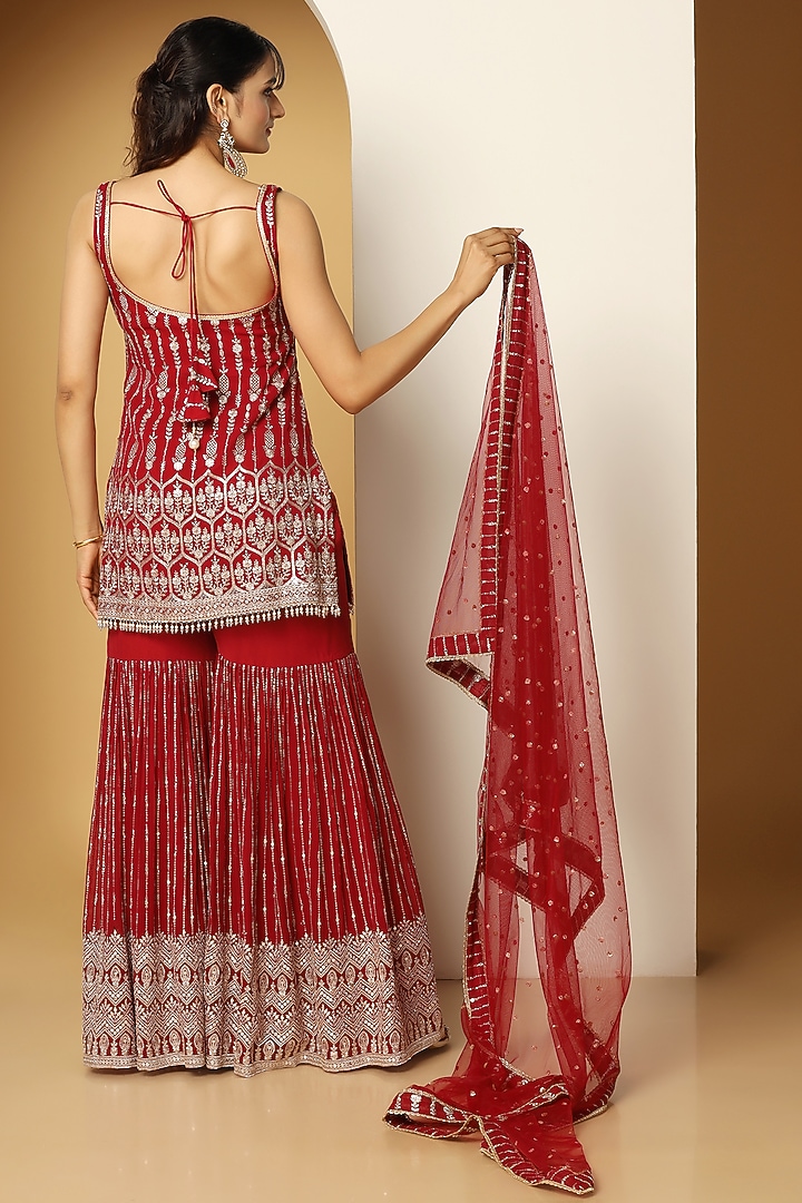 Maroon Georgette Sequins Embroidered Party Wear Sharara Set by MeenaGurnam at Pernia's Pop Up Shop