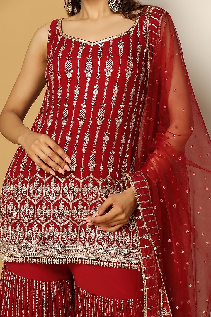 Maroon Georgette Sequins Embroidered Party Wear Sharara Set by MeenaGurnam at Pernia's Pop Up Shop