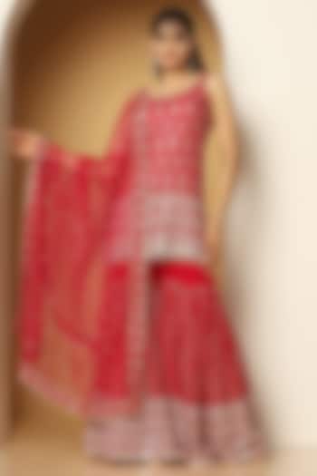 Red Georgette Sequins Embroidered Party Wear Sharara Set by MeenaGurnam at Pernia's Pop Up Shop
