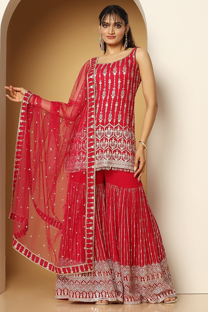 Red Georgette Sequins Embroidered Party Wear Sharara Set by MeenaGurnam at Pernia's Pop Up Shop
