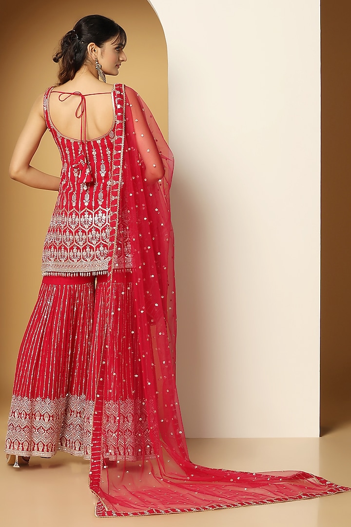 Red Georgette Sequins Embroidered Party Wear Sharara Set by MeenaGurnam at Pernia's Pop Up Shop
