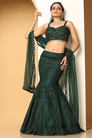Bottle Green Net Hand Embellished Lehenga Set by MeenaGurnam