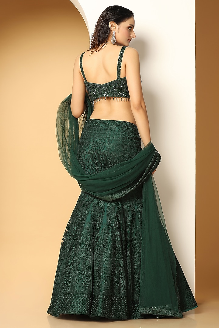 Bottle Green Net Hand Embellished Wedding Lehenga Set by MeenaGurnam at Pernia's Pop Up Shop