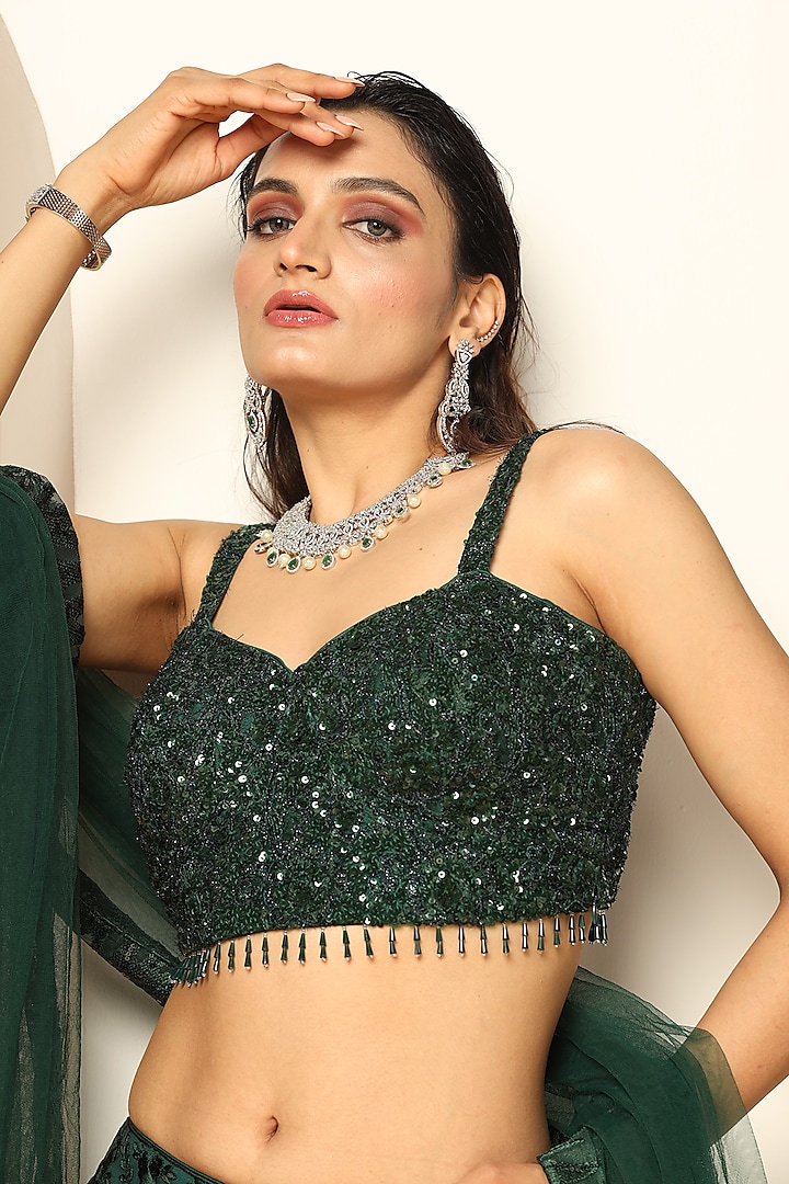 Bottle Green Net Hand Embellished Wedding Lehenga Set by MeenaGurnam at Pernia's Pop Up Shop
