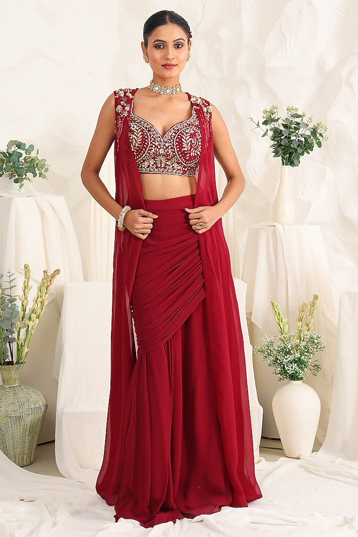 Maroon Georgette Hand Embellished Draped Skirt Set by MeenaGurnam at Pernia's Pop Up Shop