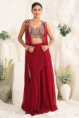 Maroon Georgette Hand Embellished Draped Skirt Set by MeenaGurnam