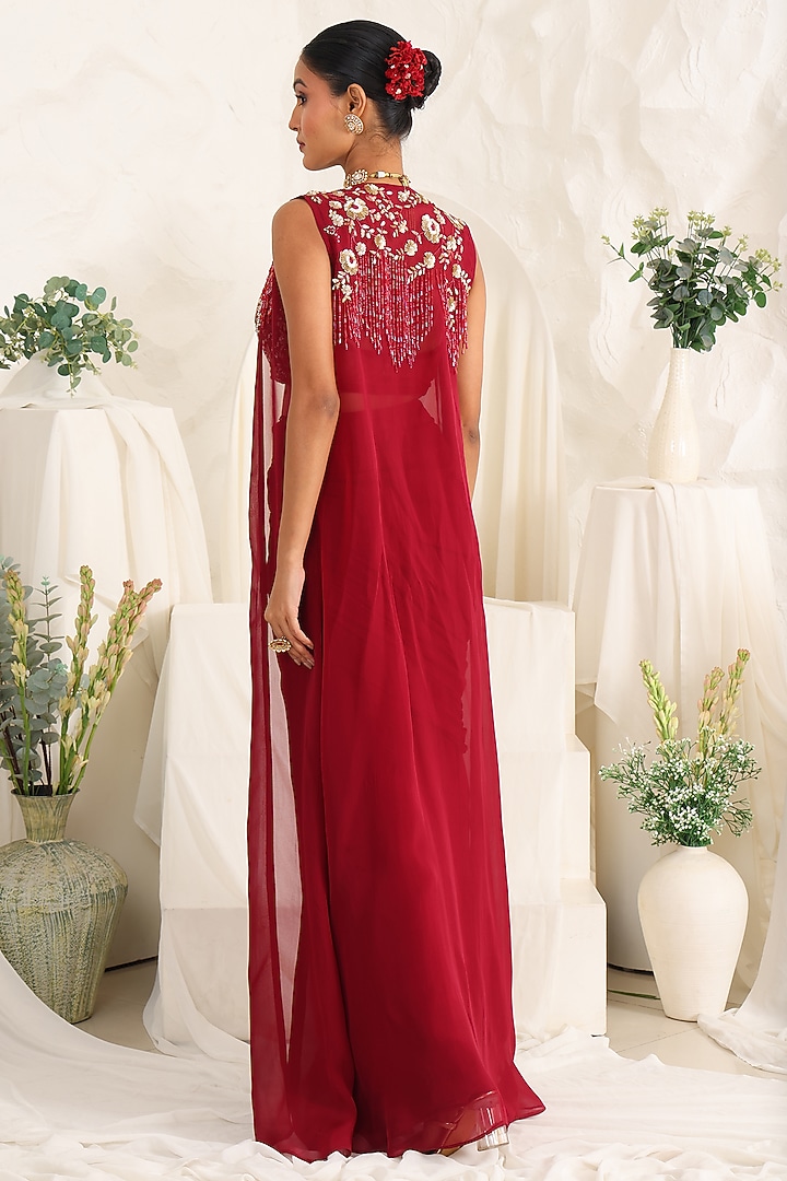 Maroon Georgette Hand Embellished Draped Skirt Set by MeenaGurnam at Pernia's Pop Up Shop