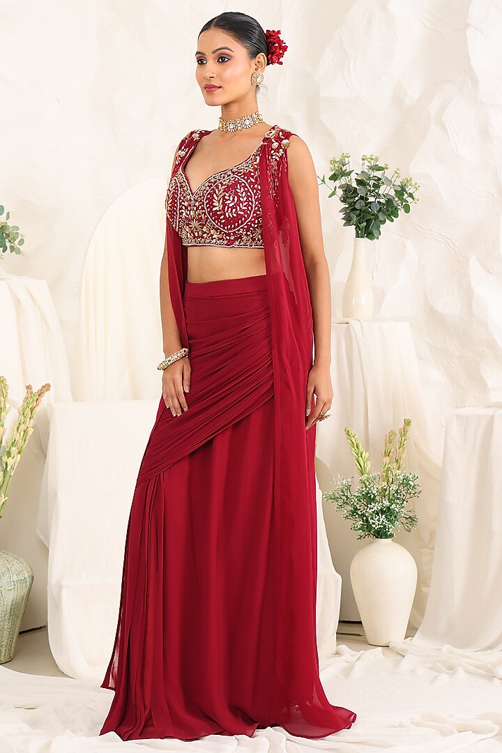 Maroon Georgette Hand Embellished Draped Skirt Set by MeenaGurnam at Pernia's Pop Up Shop