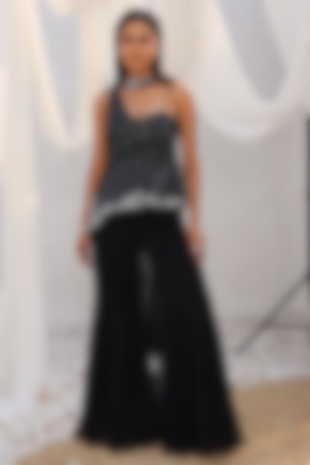 Black Lycra Chiffon Wedding Sharara Set by MeenaGurnam at Pernia's Pop Up Shop