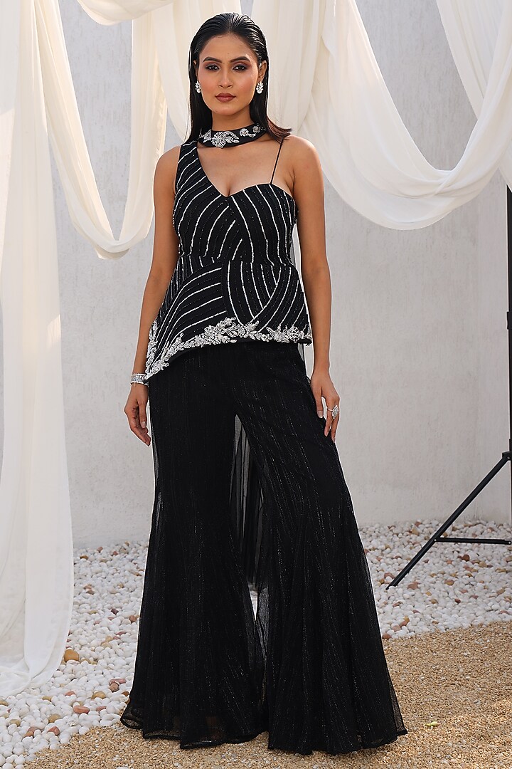 Black Lycra Chiffon Wedding Sharara Set by MeenaGurnam at Pernia's Pop Up Shop